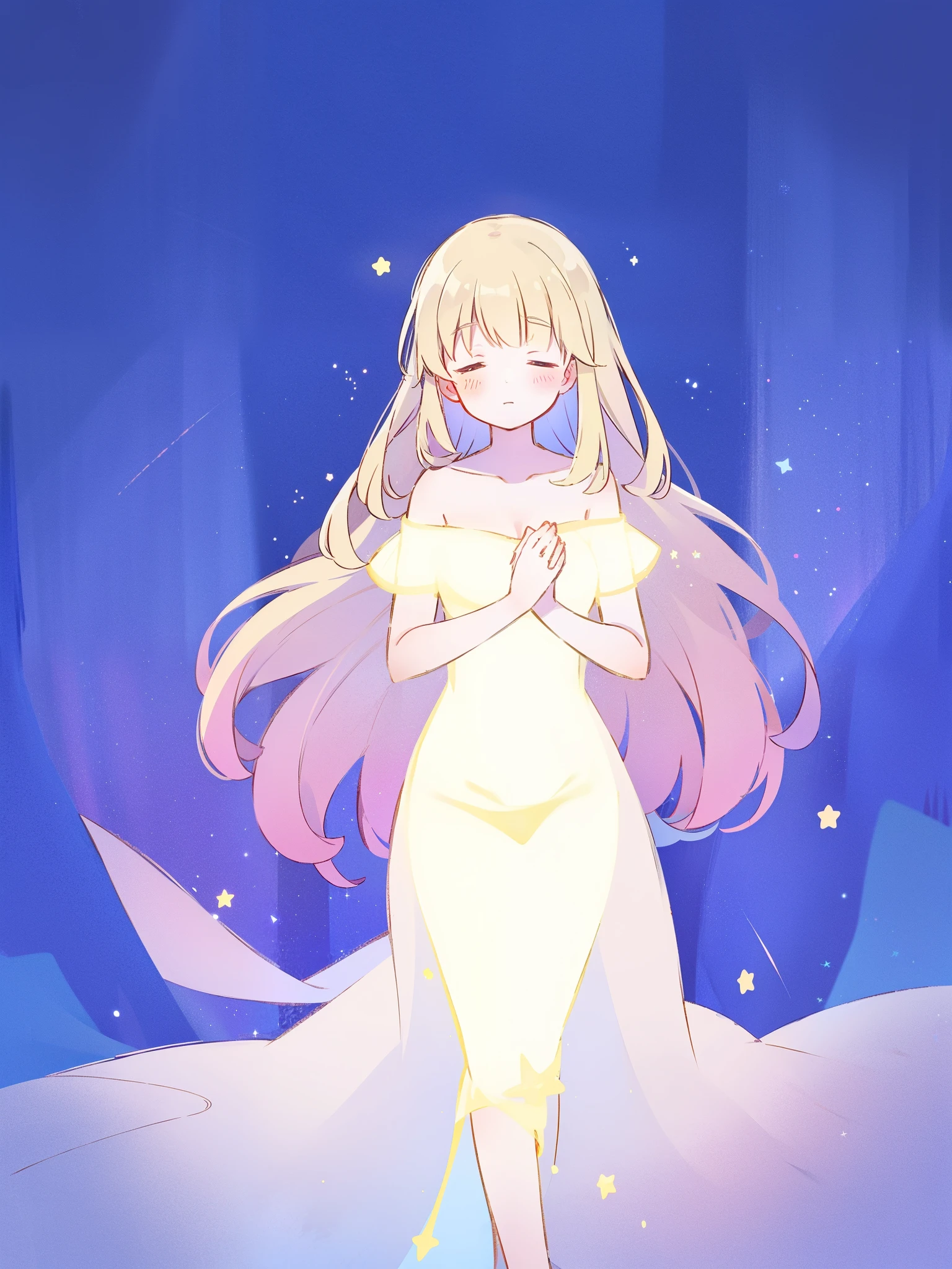 wishing star background, woman surrounded by flowing translucent fabric that reflects the stars, glowing star in front of woman's chest, magical, complex drawing, highly detailed, ethereal, starry night, midjourney style