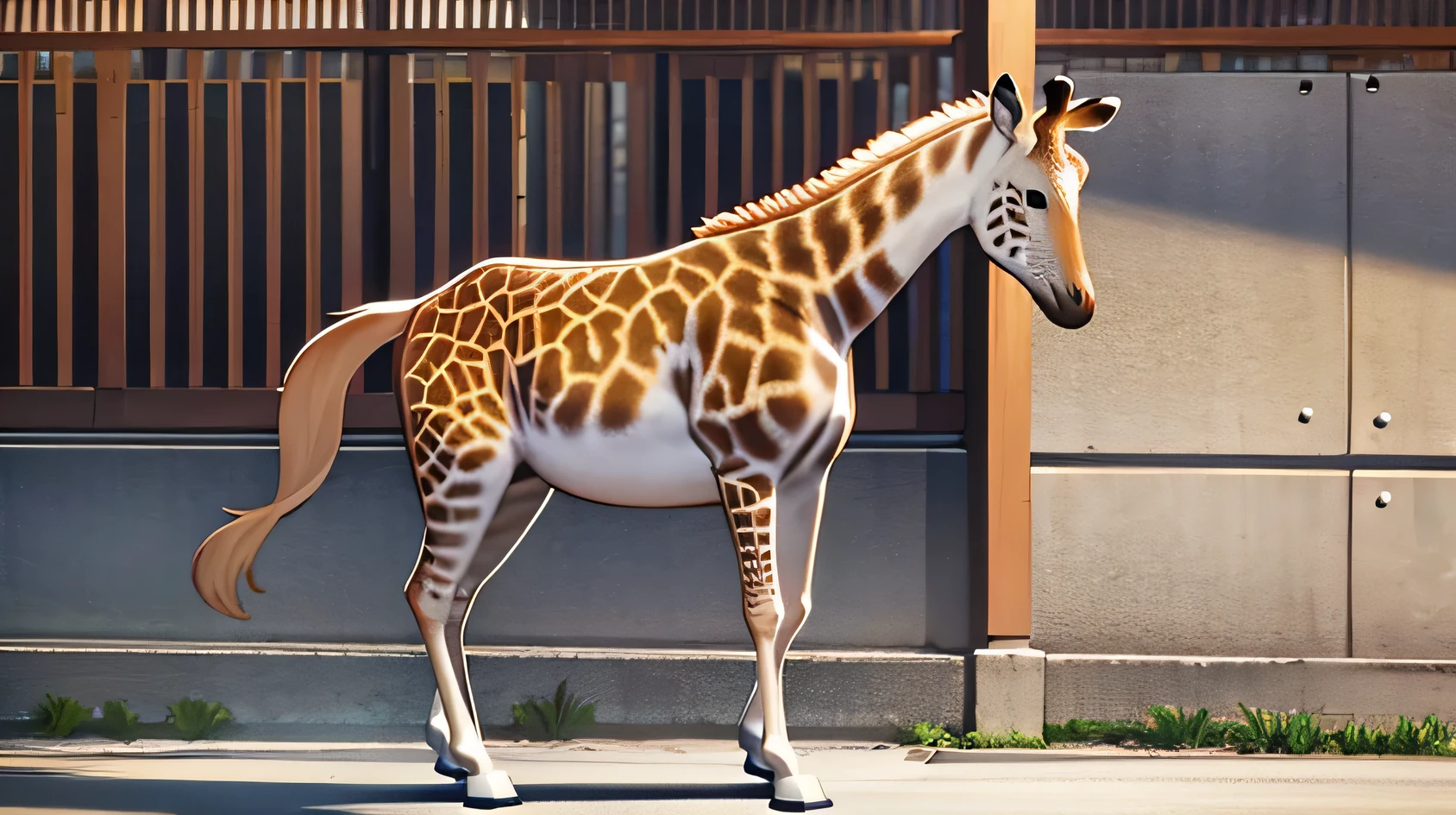 feral giraffe, female, horse pussy, buttplug, pussy juice, day, mountain on the background, rain, on the field, panties pulled down