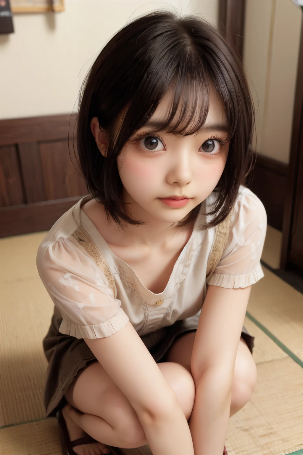 ((sfw: 1.4)), detailed face, cute face,brown eye, , extra short hair, sidelocks-hair, master piece , best quality, matured woman face , squatting , blouse , japanese , room , indoor