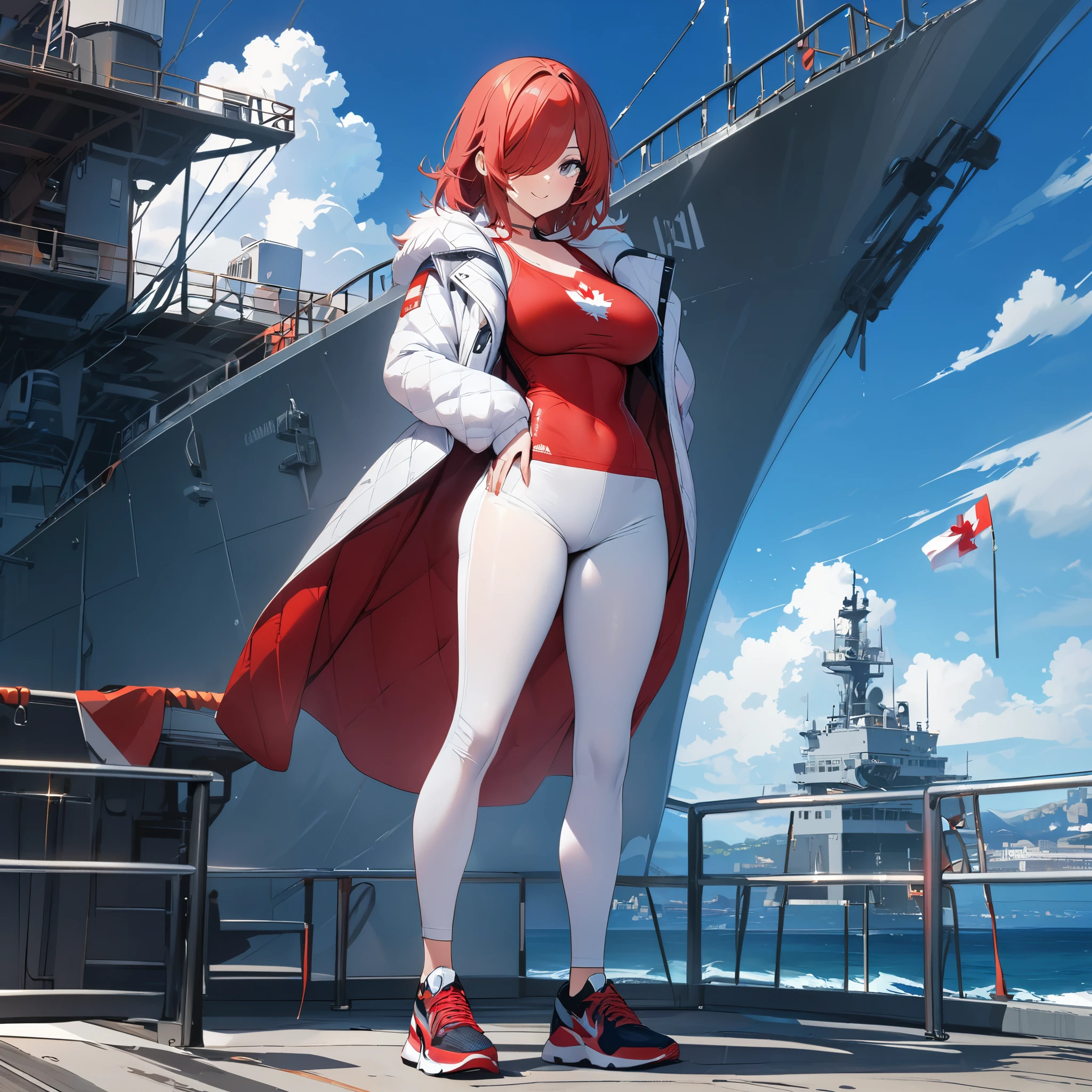 Woman wearing a red shirt with the symbol of the Canadian flag, white pants, long red hair, silver eyes, smiling, full breasts, bangs over her eyes, sports shoes, wearing a white fur coat, full body, standing on a naval port platform , with a heavy military cruiser ship with cannons at sea, during the day with a blue sky with clouds, ultra resolution, sharp, masterpiece, 8K HD (solo woman)