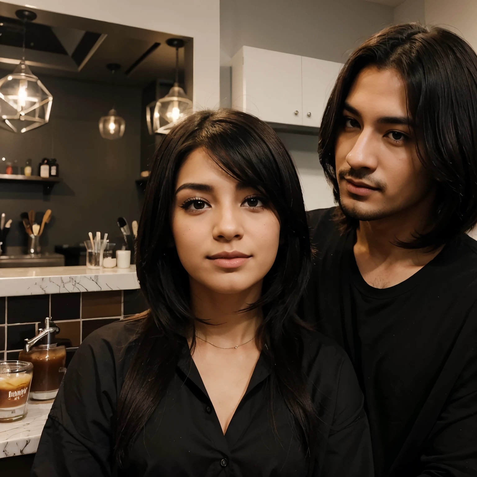 Chica chaparra de cabello corto color negro acostada abrazando a su novio alto de peinado de librito de color cafe oscuro version anime
