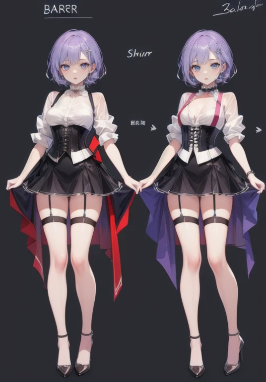 Purple Hair,Shortcuts,Adult female,(((bartender))),((Body Harness)),((Rolling up your sleevesYshirt)),(corset),mini skirt(Short skirt),((garter belt)),High heels,((Simple Background)),smile,((Full Body)),((full body)),((whole body)),Character Sheet,