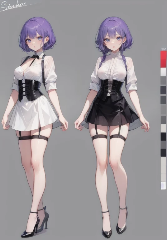 Adult female,((Body Harness)),((Roll up your shirt sleeves)),(corset),(Tight Skirt),((garter belt)),(High heels),((Simple Background)),smile,((whole body)),((whole body)),Character Sheet,Lingerie Sexy Lingerie,