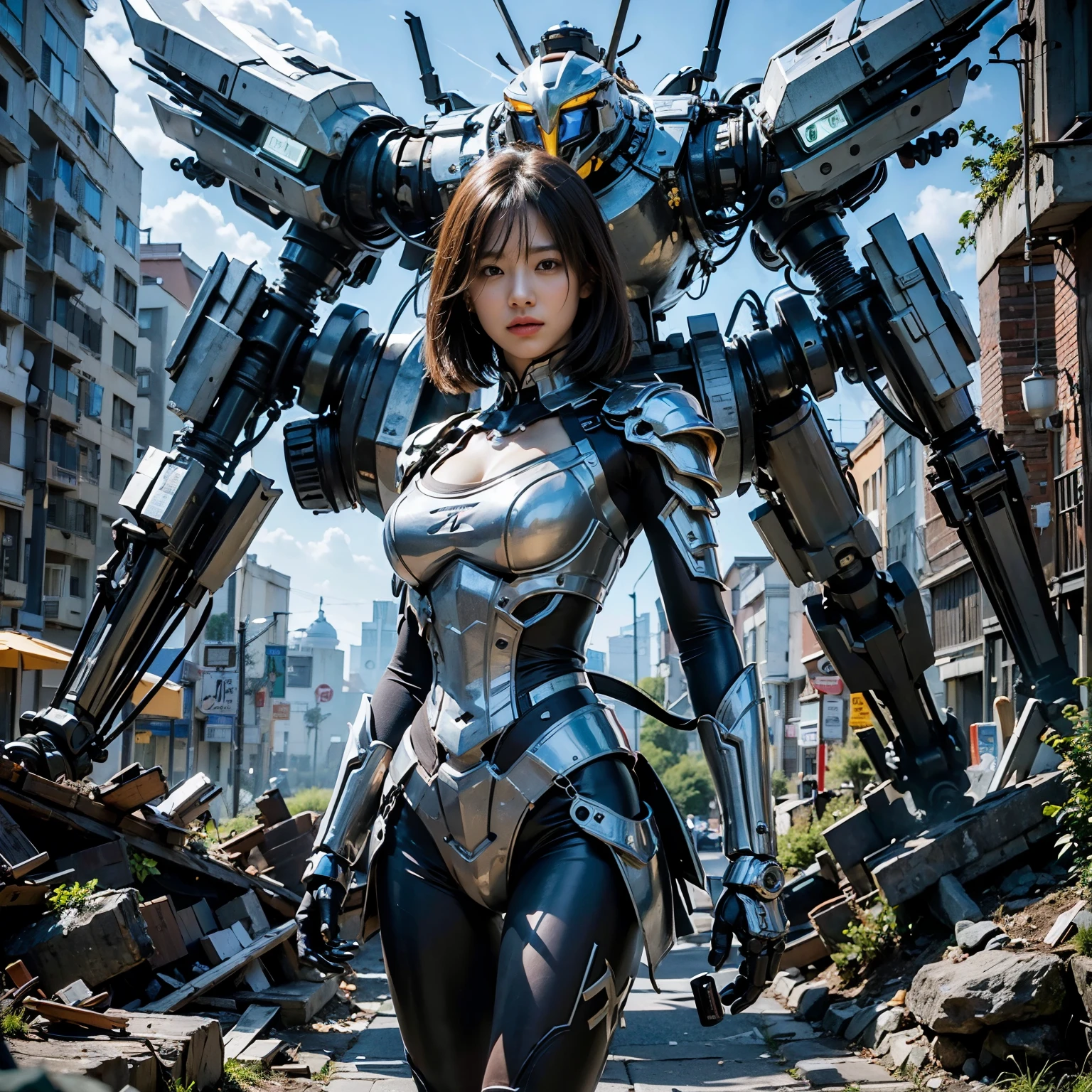 (masterpiece, best quality:1.2), (8k uhd, 16k, 32k, ultra high res), (photorealistic:1.37), (RAW photo), ultimate-realistic, ultimate-realistic details, ultimate-realistic texture, ultimate-intricate details, ultimate-realistic lighting, ultimate-realistic shadow, 1 japanese girl, ultimate-cute face, ultimate-RAW skin, ultimate-realistic eyes, (mechanical:1.4), (armor), full body, wide shot