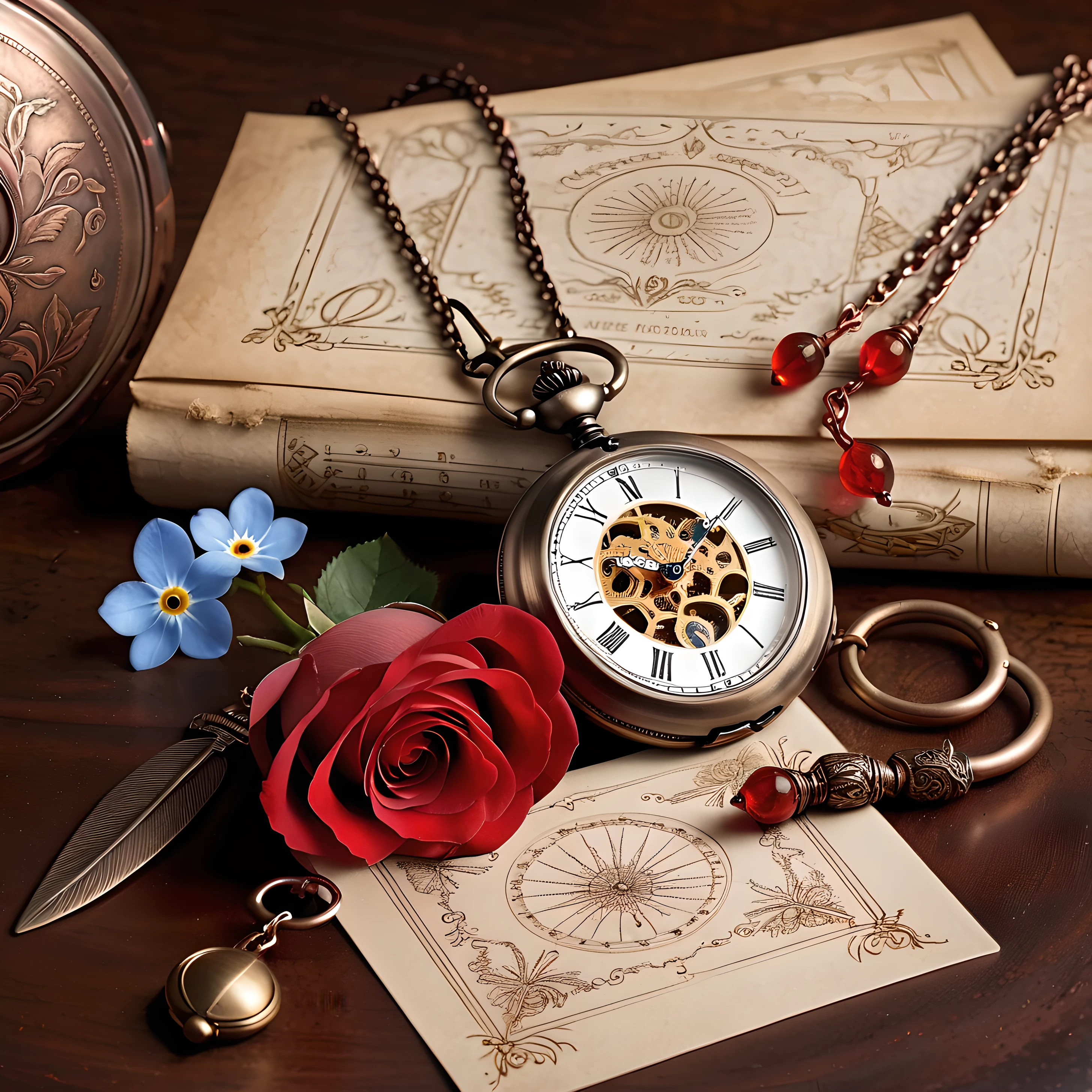 old style copper pendulum, on one side are forget-me-nots, on the other side there is one rose, pocket watch, on the background (photographic card of a woman in a red dress) and a drawing of an anatomical heart and blood drops on paper, (steel sharp spanish dagger)