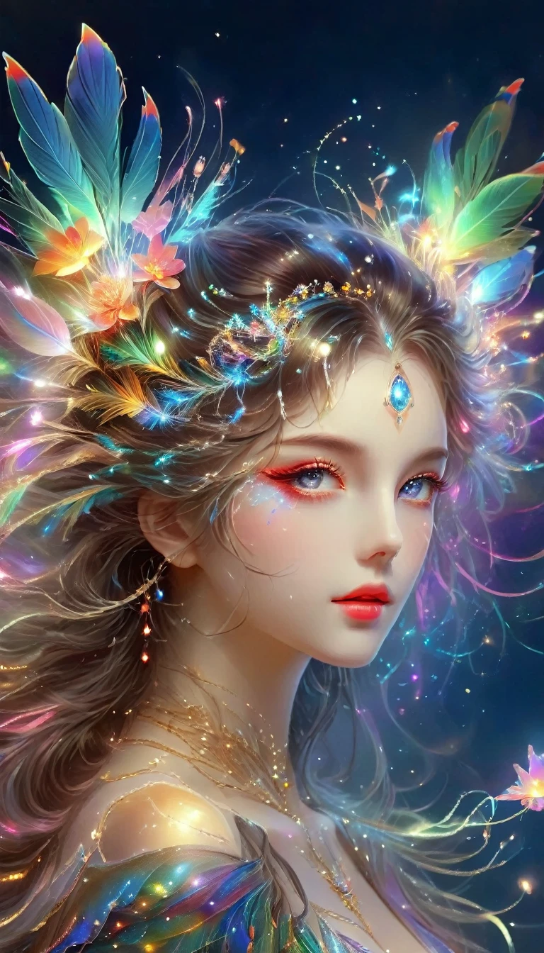 (Seven-part shot:1.6), Dramatic depiction of a stunning beauty with glittering wings,Rainbow feathers,She flew over surrealism,Dusk sky,Leaving a trail of stardust behind,Her eyes sparkled with mystery and curiosity.,She is surrounded by floating islands that are not affected by gravity.,Each piece is decorated with brightly colored floating crystals.,Bold and fantastical colors,Create an otherworldly beauty,Use drone cameras to capture unique angles