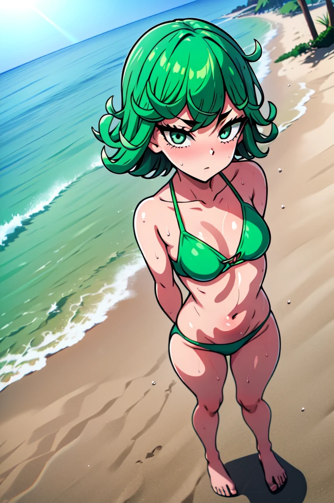 absurdres, highres, ultra detailed, tatsumakitornado, short green hair, curly hair, white bikini, , outdoors, green eyes ,full body ,looking at viewer, blushing ,standing on sand, wet ,back veiw