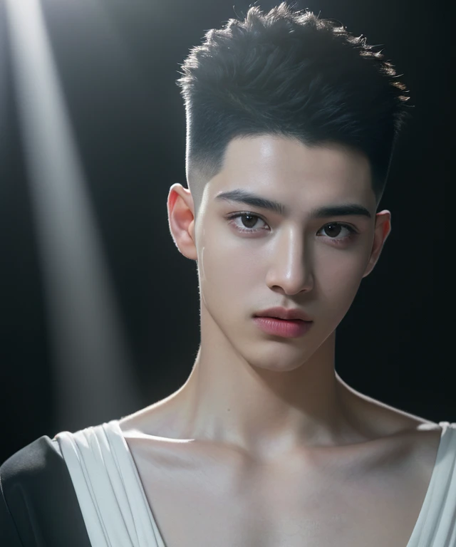 (8k, RAW Photos, highest quality,High resolution, masterpiece: 1.2). (Realistic, Realistic: 1.5),((Light on face:1.2)),((Cinema Lighting:1.3 )),(Photorealism:1.4),(Real Image),(Photographic images),20-year-old,(male:1.3), (High Top Fade:1.4), Dark Theme, Calm tone, Calm colors, High Contrast, (Natural skin texture, Hyperrealism, Soft Light, sharp),(Black suit)