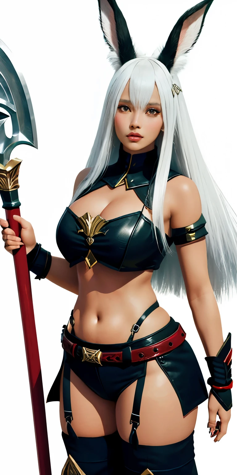 monster girl, monster girl, viera, tall, marauder, warrior, holding a giant axe, red trim, a woman with white hair, Brom, dark skin, long hair, rabbit ears, white hair, sweat, 1girl, delicate and smooth skin, blush, perfect body, thighs, large teardrop breasts, highly detailed, glossy lips, concept art,