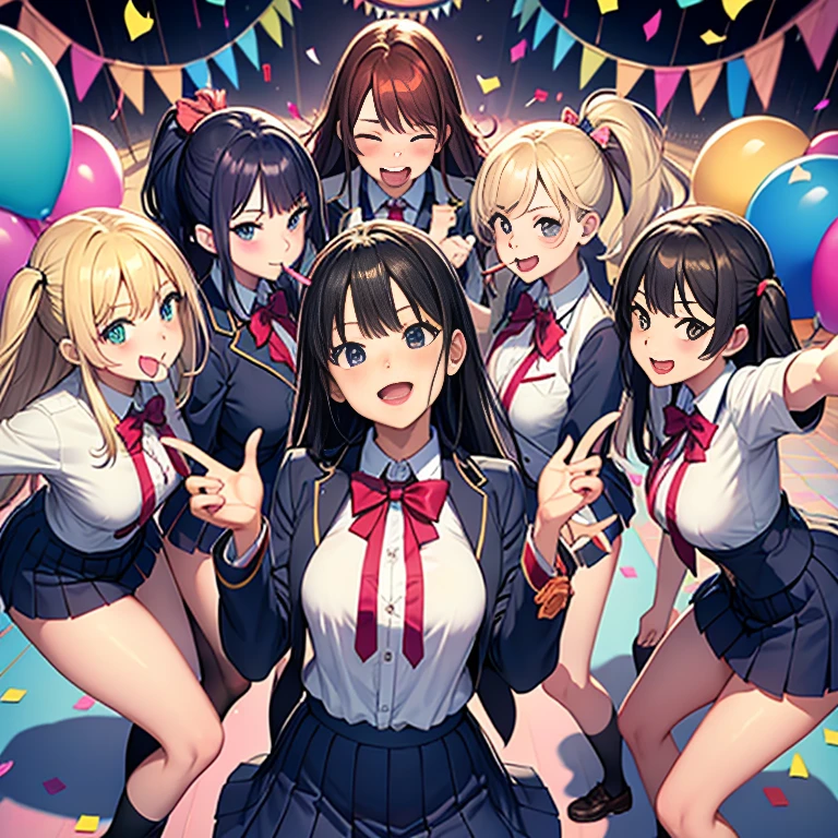 masterpiece, best quality, high resolution, UHD, 8k, first plane, BREAK , (Bright colors), (multiple girls), (Harem), (School classmates), (((All school uniforms have the same design))), (((Everyone is wearing the same navy blue skirt))), ((16 years old)), ((10 girls))), best details, ((group shot)), (group selfie), ((((laugh with your mouth wide open)))), (slightly larger breasts), (((A lot of hearts are flying))), different shirt colored clothes, girls with medium breasts, dancing in a room with many colored goblos and confetti. a lot ballons, with streamers in the air and lots of colorful confetti and soap bubbles.