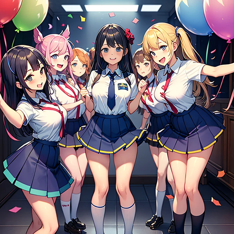 masterpiece, best quality, high resolution, UHD, 8k, first plane, BREAK , (Bright colors), (multiple girls), (Harem), (School classmates), (((All school uniforms have the same design))), (((Everyone is wearing the same navy blue skirt))), (()), ((10 girls))), best details, ((group shot)), (group selfie), ((((laugh with your mouth wide open)))), (slightly larger breasts), (((A lot of hearts are flying))), different shirt colored clothes, girls with medium breasts, dancing in a room with many colored goblos and confetti. a lot ballons, with streamers in the air and lots of colorful confetti and soap bubbles.