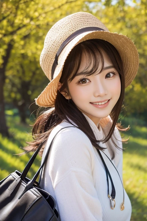 The background is a spring natural park.
Her outfit is a spring fashion coordination..