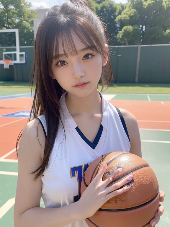 (Surreal)、(A high resolution)、(8K)、 (The is very detailed)、(Ultra clear skin pores)、(top-quality、tmasterpiece:1.3)、Beautiful girl in basketball uniform、at  basketball court，Playing the Basketball，1womanl、Midsummer、（jiayi：1.5）， closeup cleavage， tmasterpiece， best qualtiy， RAW photogr， realisticlying， the face， Incredibly Ridiculous res， depth of fields， A high resolution， ultra - detailed， finedetail， The is very detailed， Extremely detailed eyes and face， Sharp pupils， realistic pupil， tack sharp focus， cinmatic lighting