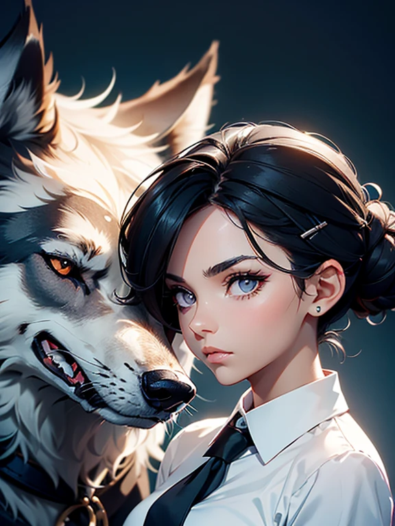 (masterpiece)(high resolution) A girl with short brown-black hair tied up in a bun with a hair clip. The hair is asymmetrical and completely covers one side of her face. You cannot see one of her eyes. She has a serious look, with solid black pupils and eyeliner and long eye lashes. she is wearing a white office shirt with a  black necktie. There is a giant grey wolf behind her, and he is posing with it