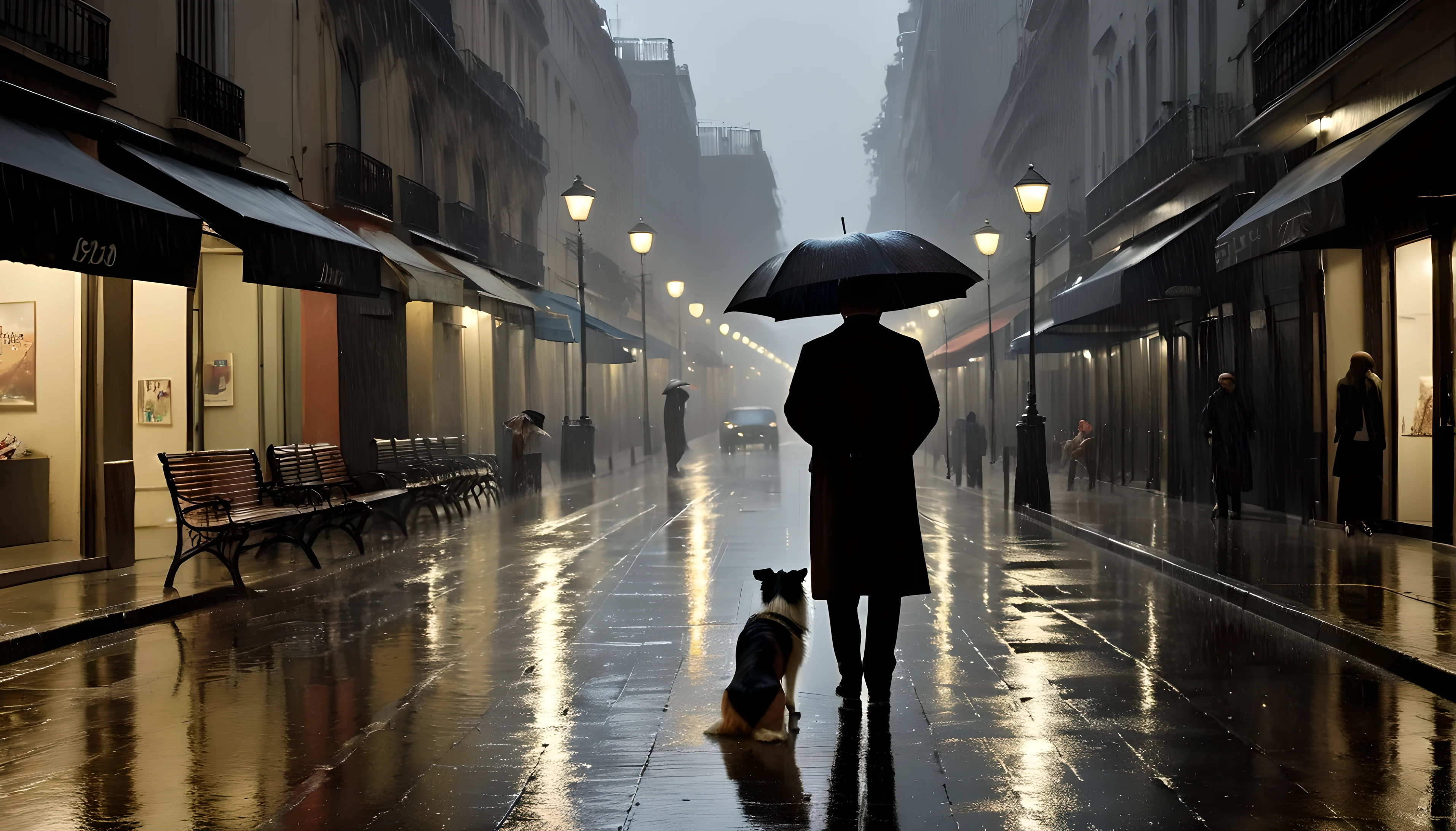 style by Joseph Leo Mankiewicz, a man with a short brown beard in a raincoat stands under a black umbrella on a wet sidewalk and looks at a collie at the other end of the frame, rain, drops, spray, night, lights and lanterns of modern Buenos Aires, Relax, atmosphere of loneliness, abandonment, noir, Impressionism, paint of oil