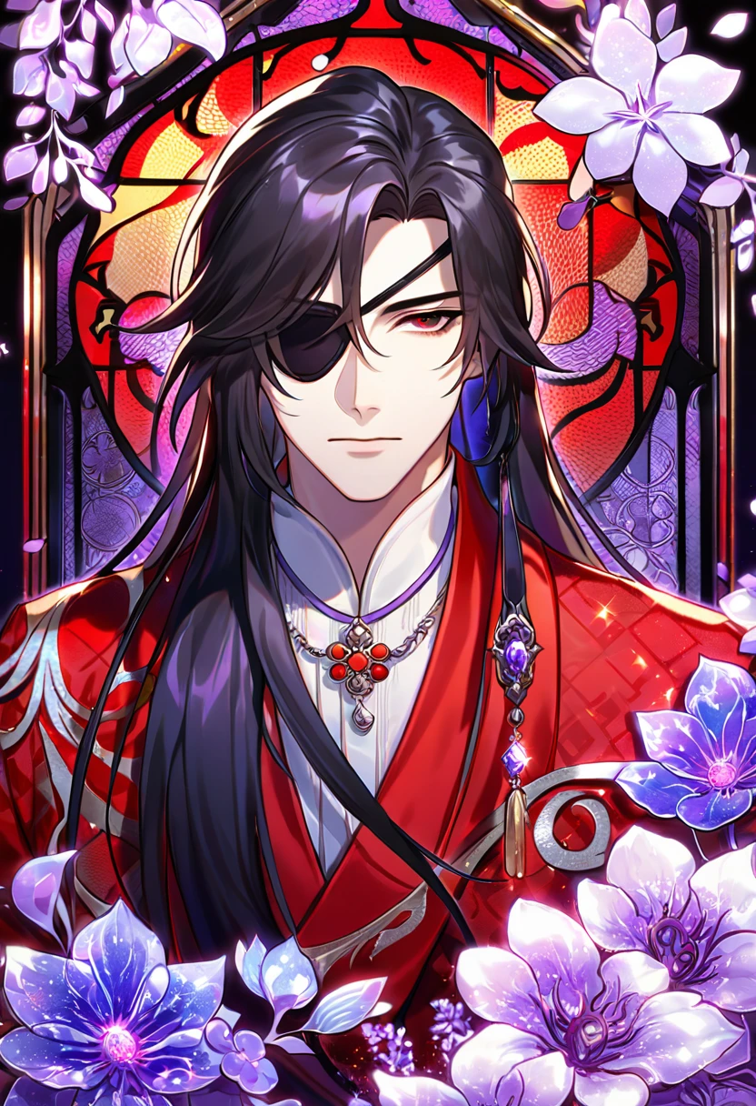 Ultra detailed, HDR, Highres, absurdres, master piece, Hua Cheng, black long hair, expressive red eye, black eye patch, Heaven Official's Blessing, patterns, red clothes, purple stained glass, purple ice, petals, purple ice flowers, sexy man, solo, extremely detailed face and eyes, extremely handsome, glittering, purple glass,