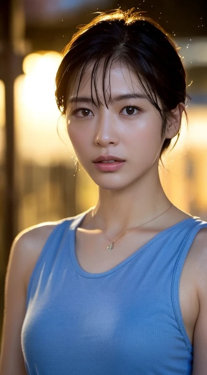 ((highest quality、masterpiece:1.3))、Sharp focus:1.2、(Realistic、Photorealistic:1.37)、Perfect beautiful woman、Highly detailed face and skin texture、Fine eyes and double eyelids、Short-cut hair that gets wet、 bust、Small Necklace、Sleeveless shirt that gets wet in the rain、Rainy nightのマンション屋上、Dark night rain clouds、City lights、Rainy night、fleeting eyes