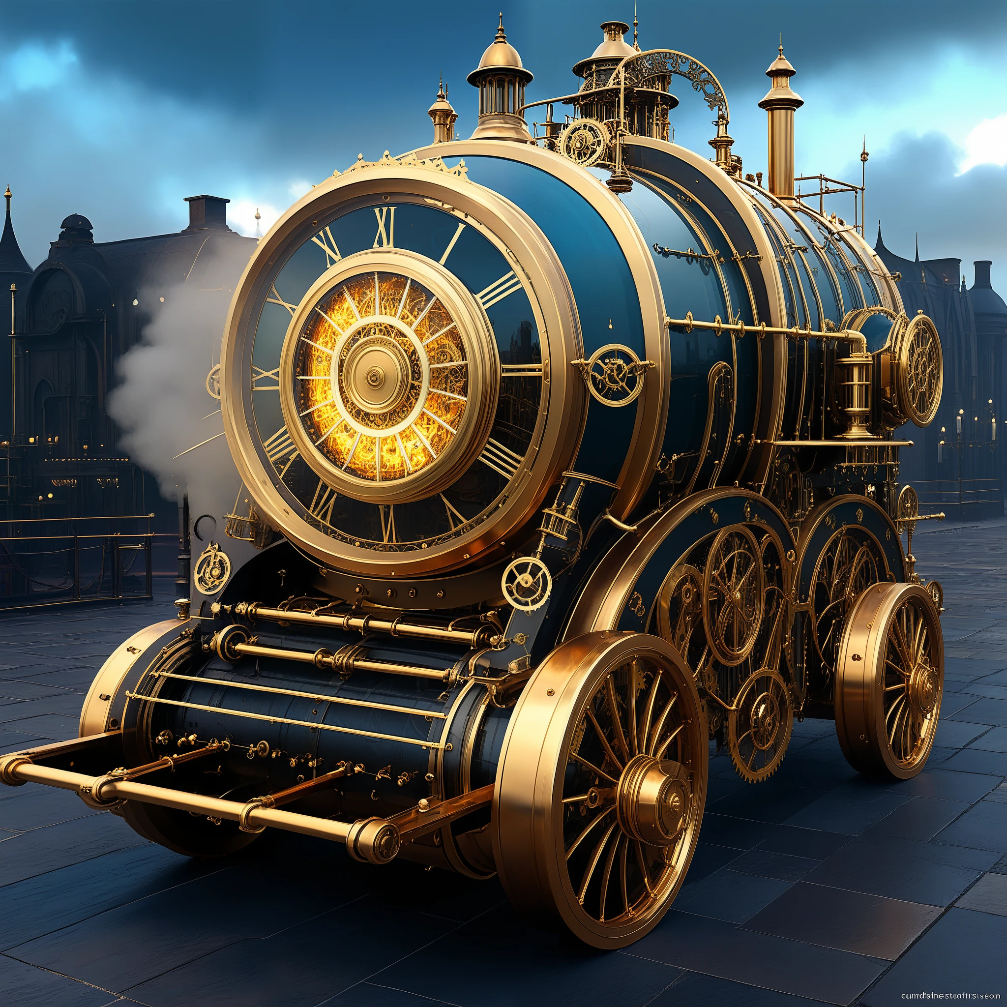 best quality,4k,8k,highres,masterpiece:1.2,ultra-detailed,realistic,photorealistic:1.37,steampunk,mechanical wonders,exquisite machinery,impressive steam-powered creations,futuristic technology,AI-driven marvels,meticulous gears and cogs,ornate metal structures,elaborate clockwork mechanisms,grand steam engines,polished brass and copper,industrial aesthetics,glimmering metal surfaces,mysterious foggy atmosphere,vivid colors,contrasting shadows and highlights,dramatic lighting,ethereal glow,rays of sunlight peeking through the steam,billowing clouds of steam,ambient background sounds of whirring and hissing.