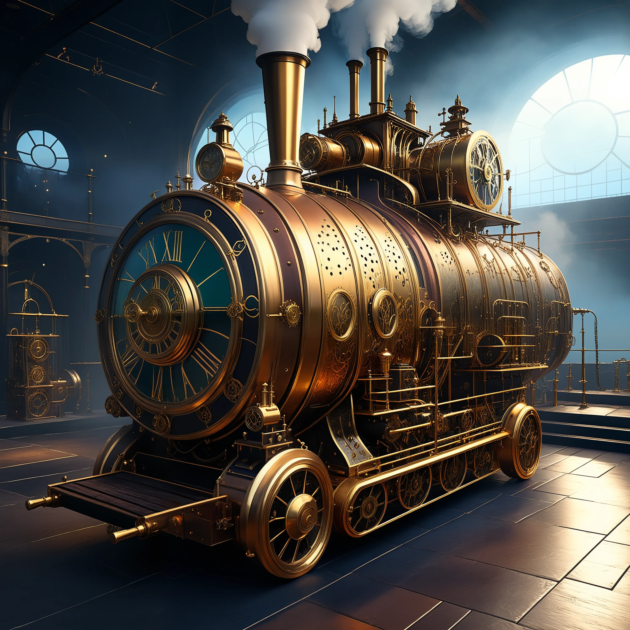 best quality,4k,8k,highres,masterpiece:1.2,ultra-detailed,realistic,photorealistic:1.37,steampunk,mechanical wonders,exquisite machinery,impressive steam-powered creations,futuristic technology,AI-driven marvels,meticulous gears and cogs,ornate metal structures,elaborate clockwork mechanisms,grand steam engines,polished brass and copper,industrial aesthetics,glimmering metal surfaces,mysterious foggy atmosphere,vivid colors,contrasting shadows and highlights,dramatic lighting,ethereal glow,rays of sunlight peeking through the steam,billowing clouds of steam,ambient background sounds of whirring and hissing.