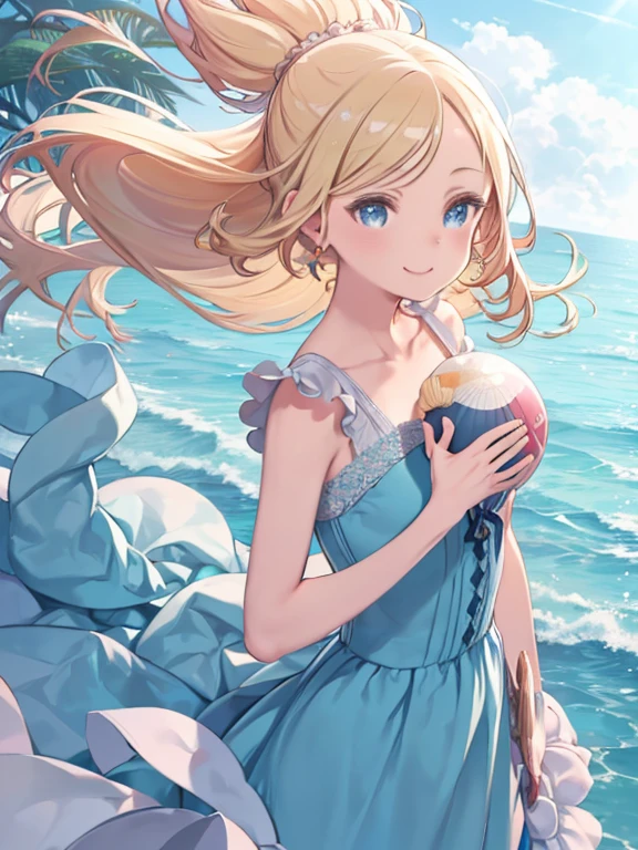 Delicate and beautiful CG art),(highest quality, Very detailed, High resolution),(Dynamic Angle, Dynamic Lighting),(One character),(Long pink and blonde hair), blue eyes, Beautiful Face), 1 girl, (Long sideburns, plant, smile, long blue dress, 3 days, Ocean, water, Beach ball, shell, sunny, the wind is strong