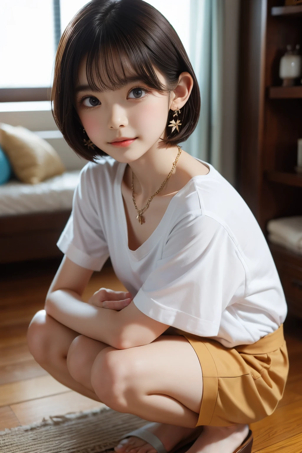 ((sfw: 1.4)), detailed face, cute face,brown eye, , extra short hair, sidelocks-hair, master piece , best quality, earrings, necklace, matured woman face , squatting , blouse , japanese , room , indoor