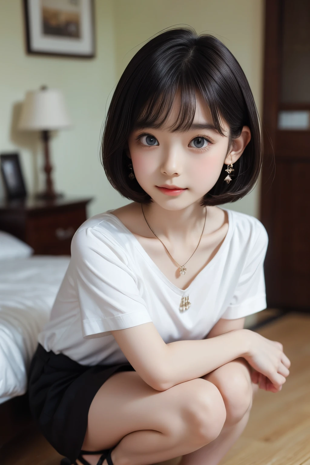 ((sfw: 1.4)), detailed face, cute face,brown eye, , extra short hair, sidelocks-hair, master piece , best quality, earrings, necklace, matured woman face , squatting , blouse , japanese , room , indoor