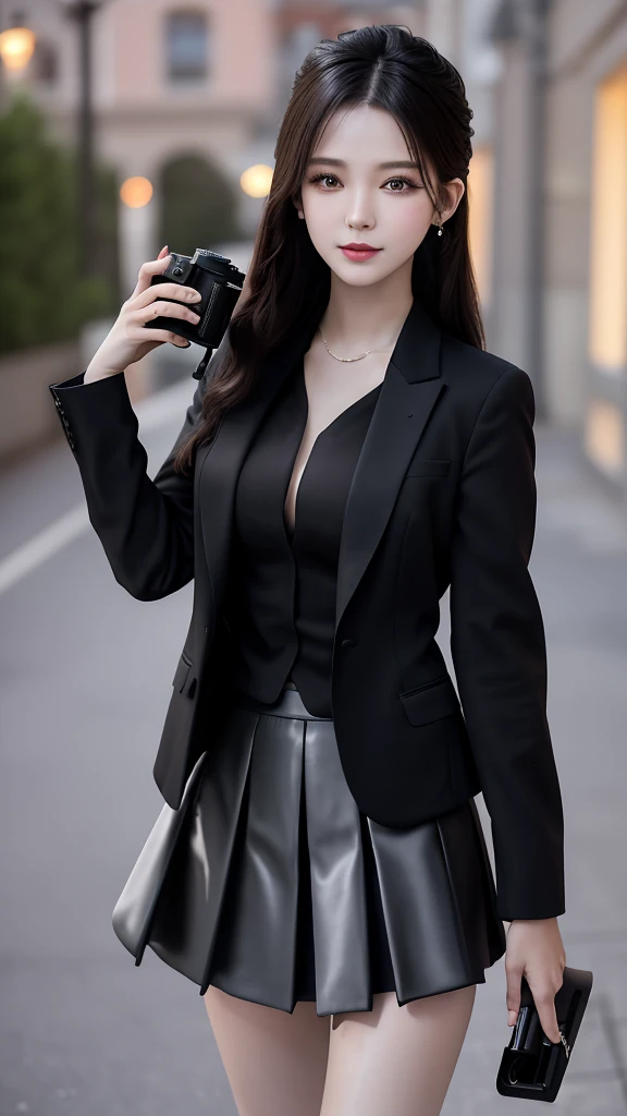 best quality, masterpiece, 1 Girl, Pretty Face, (photo Practical:1.3), Edge lighting, (Highly detailed skin:1.2), 8K Ultra HD, DSLR camera, high quality, high resolution, 4K, 8k, Bokeh, absurd, The best ratio of four fingers and one thumb, (Practical:1.3), cute 1 Girl, Wearing a black formal suit jacket, Medium breasts, Short skirt,