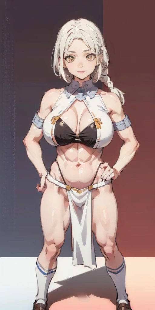 (((Plain background 1:2))) (masterpiece, high quality: 1.1) 1girl full body standing, hairstyle with a braid, white colored hair, yellow eyes, perfect lighting, muscular, thighs, mature woman, mummy, bellybutton, abs, looks at the viewer smile RED CHEEKS, extremely huge breasts, maternal, porcelain skin, extra very long hair, sparkly skin, good face, chest cover, HANDS ON HIPS