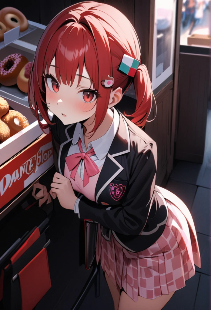 High quality, high definition, hig
h precision images,8k 1 Girl Robot Girl、red hair,Twin tails,Red eyes,Leaning forward Head decoration、School stuff,have a student bag,robot style red and white barrette、black jacket,pink ribbon on the chest checkered brown skirt,Inside the donut shop