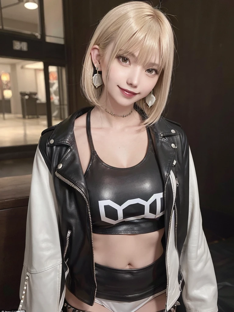 Realistic:1.2, Rocker girl in leather jacket,Slim figure、Normal bust size、 highly Realistic photograph, whole body, 12 electric guitars, Spiked clothing,White tank top、leather shorts、Earrings Dark lipstick, Spiky blonde and partially shaved hair, Beautiful and perfect legs, Confident expression, Punk Style ,Dynamic pose, Dynamic Lighting, Bright colors, smile