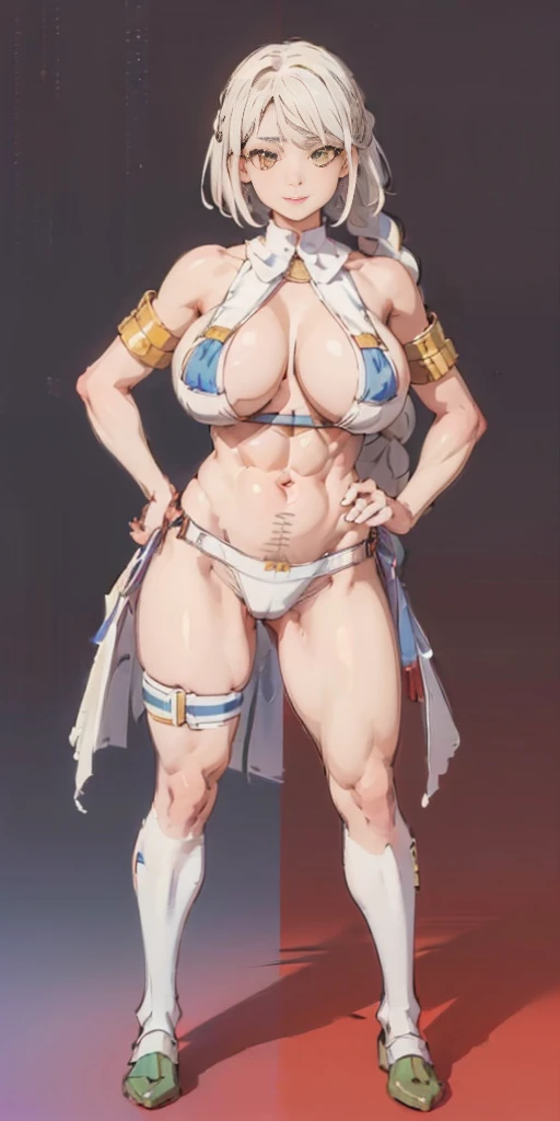 (((Plain background 1:2))) (masterpiece, high quality: 1.1) 1girl full body standing, hairstyle with a braid, white colored hair, yellow eyes, perfect lighting, muscular, thighs, mature woman, mummy, bellybutton, abs, looks at the viewer smile RED CHEEKS, extremely huge breasts, maternal, porcelain skin, extra very long hair, sparkly skin, good face, chest cover, HANDS ON HIPS