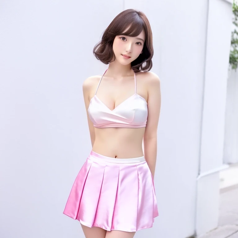 a woman in a Pink Skirt and white top posing for a picture, Takano Aya color style, Short puffy pants made of silk, Pink Skirt, korean female fashion model, Beautiful short skirt, Pink mini skirt, White and pale pink outfit, tsubasa nakai's style, Cute pastel colors for a feminine look, inspired by Tsuruko Yamazaki, ((bikini:1.2))