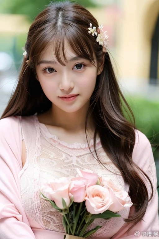 ((highest quality)), ((masterpiece)), (detailed), Perfect Face,masterpiece, highest quality, Waterfront, banquet, 1 female, Mature Woman, elegant, Japanese, Sengoku period, sexy, sister, Happy, Meatball Head, Brown Hair, Pink Eyes, Light pink lips, Pink clothes, thread-like clothes, intellectual, Full Bang, Flower Ball, Delicate face,Long Hair,young,Large Breasts,Evening greetings
