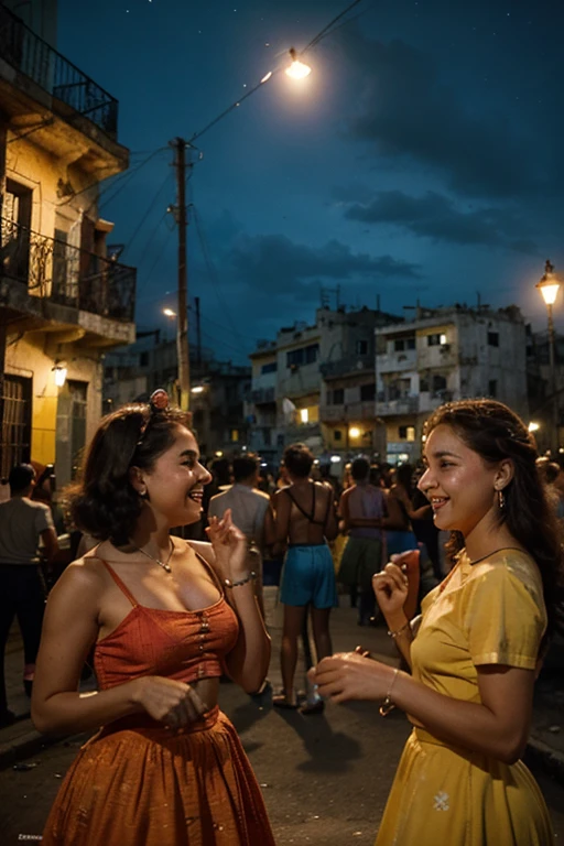 A colorful view of Havana in the 1950s, with music, bailes y gente disfrutando de la vida nocturna. En primer plano, vemos a una familia feliz compartiendo una comida en su hogar.
