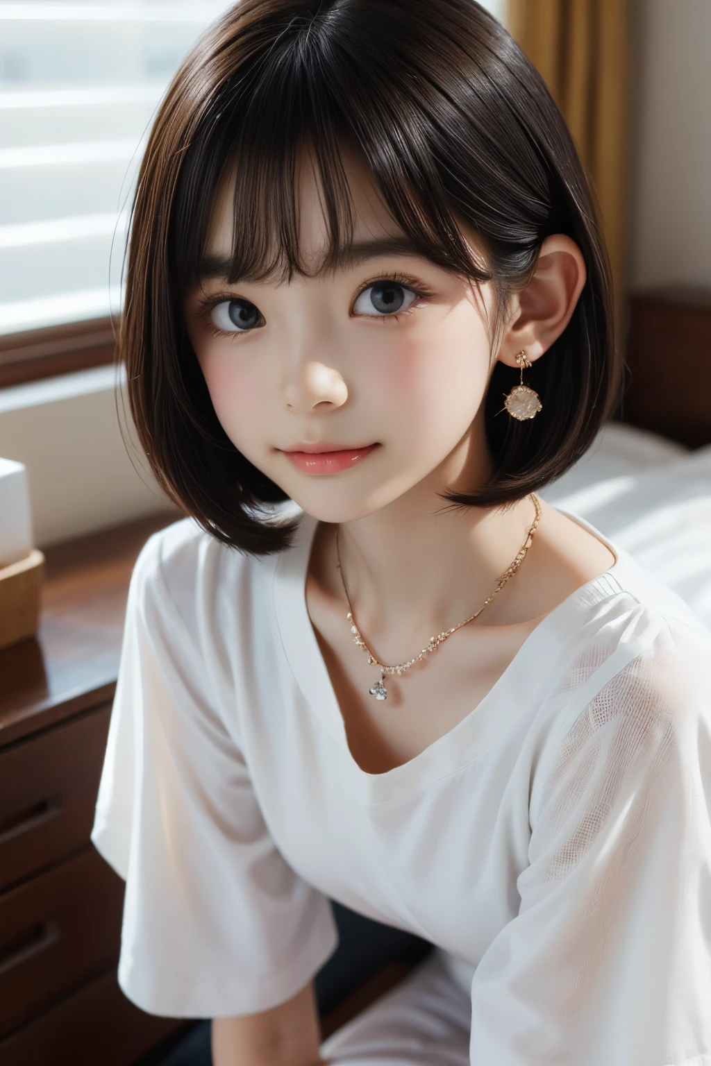 ((sfw: 1.4)), detailed face, cute face,brown eye, , extra short hair, sidelocks-hair, master piece , best quality, earrings, necklace, matured woman face , squatting , blouse , japanese , room , indoor