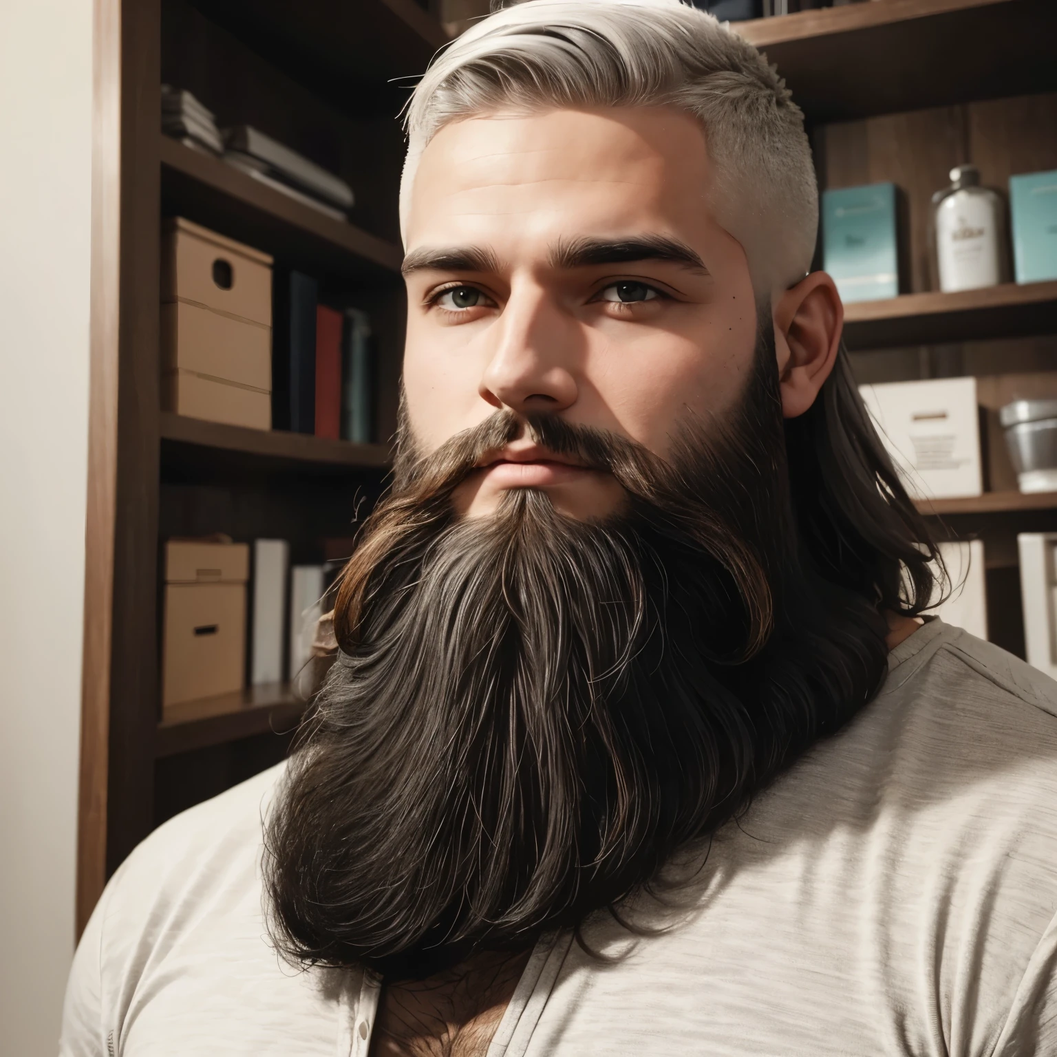 Homen pardo com cabelos andulado e olhos claro, with a well-groomed beard and adult appearance, 23 years old, his beard is gray and short 