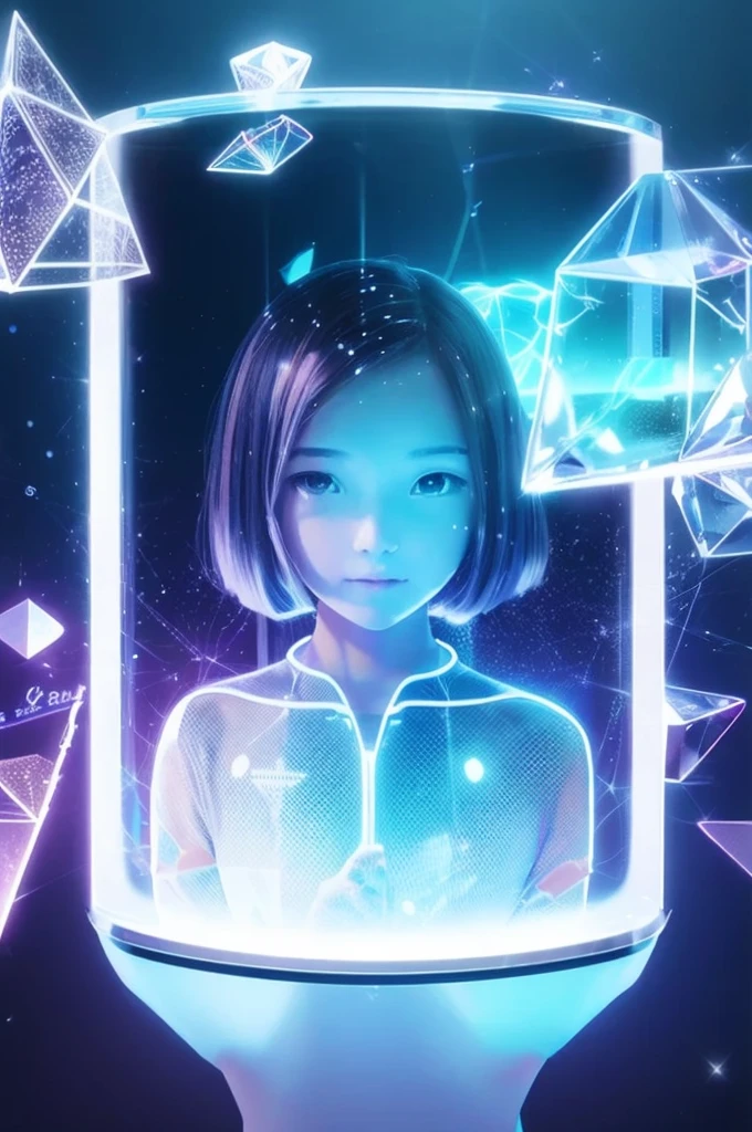 Floating smartphone, Transparent screen, holographic monitor, Micro Devices, Crystal Rainbow, There is an AI character on the screen. Smart devices.