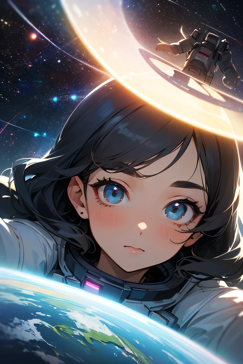 highest quality、High resolution、Detailed Background、(Beautiful face in every detail:1.4)、Anatomically correct、(Draw the usual number of fingers:1.2)、(Detailed facial expressions)、(Detailed eyes:1.2)、(Detailed eyes:1.2)、Beautiful, smooth skin、Beautiful women in their 20s、(Highly detailed face:1.4)、cute hair color、Wavy Hairstyle、well-groomed eyebrows、cute eye makeup、Cute Lip Makeup、Perfect body line、Space Travel Experience、Mysterious view of space、I&#39;m extremely excited、Ultra high tension、Smiling、

(A beautiful woman enjoying a spacewalk with the Earth in the background:1.5)、

You can hold hands and hug each other、Enjoy a romantic dinner party at a dining event、
Float together in zero gravity and enjoy fun games and conversations on board the spaceship.、cute