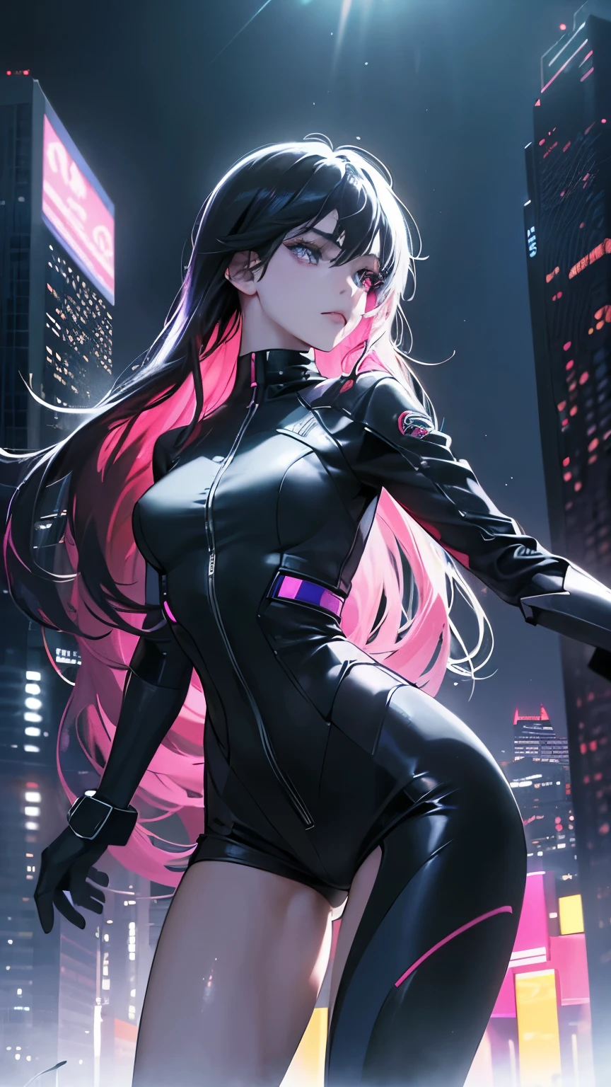 (absurdres, highres, ultra detailed),masterpiece,best quality,high resolution,8k,Realistic face,Realistic skin texture,magnified textures, stunning clarity,detailed anime girl,ultra detailed eyes and face,(Bright colors,neon lighting,digital art,cyber punk:1.1,dark atmosphere,futuristic style),highly detailed cityscape,Shining skyscrapers and billboards,High-tech gadgets and holographic displays,person wearing augmented reality implant,wearing futuristic clothes,Dynamic action and movement,The rain-soaked streets reflect colorful lights,Hovering vehicles and flying drones,Sharp, angular architectural design,stylized abstract elements,mysterious and eerie atmosphere,Emphasize the contrast between light and shadow, (( girl, slim, thin waist, thin thighs, thin arms)),action pose,cowboy shot,