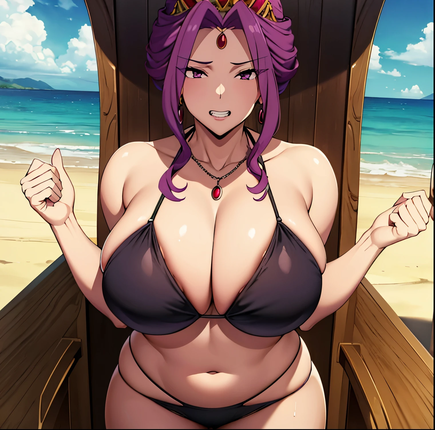 Mirellia_q_melromarc, Milf, 1 girl, alone, Standing, (big breasts), (wide hips), (wide thighs), (black bikini), (black bra), (black thong), (teeth), crown, necklace, purple_hair, purple_eyes, lips, jewelry, earrings, Smile, beach, embarrassed