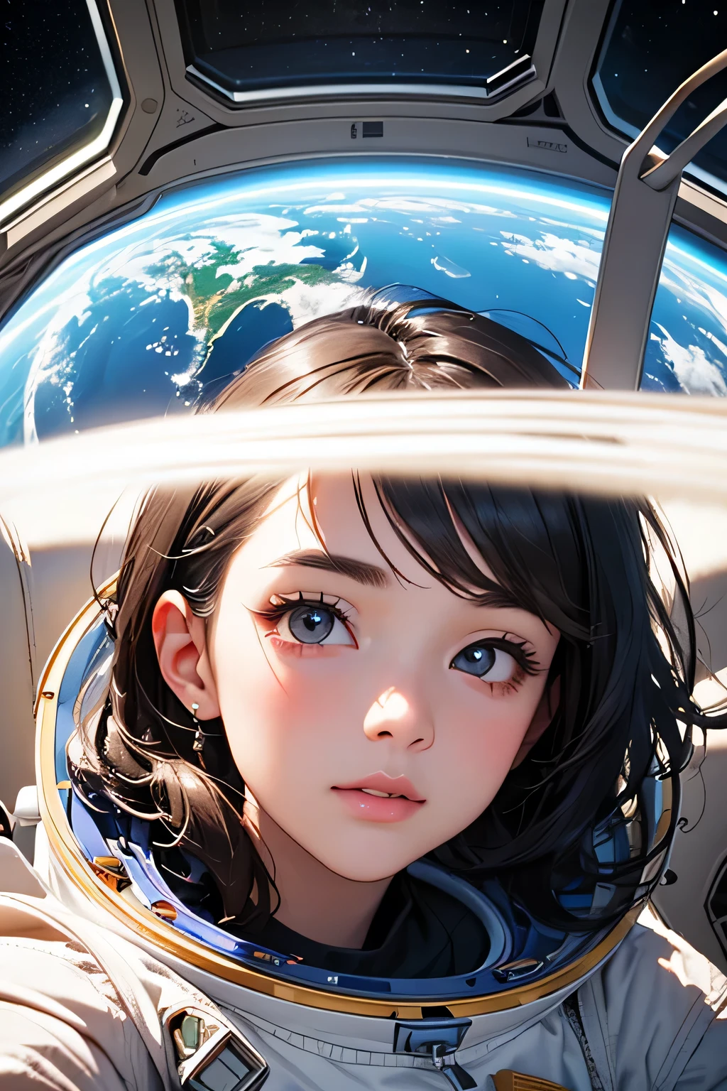 highest quality、High resolution、Detailed Background、(Beautiful face in every detail:1.4)、Anatomically correct、(Draw the usual number of fingers:1.2)、(Detailed facial expressions)、(Detailed eyes:1.2)、(Detailed eyes:1.2)、Beautiful, smooth skin、Beautiful women in their 20s、(Highly detailed face:1.4)、cute hair color、Wavy Hairstyle、well-groomed eyebrows、cute eye makeup、Cute Lip Makeup、Perfect body line、Space Travel Experience、Mysterious view of space、I&#39;m extremely excited、Ultra high tension、Smiling、

(A beautiful woman enjoying a spacewalk with the Earth in the background:1.5)、

You can hold hands and hug each other、Enjoy a romantic dinner party at a dining event、
Float together in zero gravity and enjoy fun games and conversations on board the spaceship.、cute