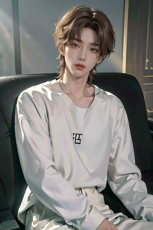(8k, RAW Photos, highest quality,High resolution, masterpiece: 1.2). (Realistic, Realistic: 1.9),((Light on face:1.2)),((Cinema Lighting:1.6 )),(Photorealism:1.7),(Real Image:1.4),(Photographic images),masterpiece、(highest quality)、((high resolution))、Manly boy、The body is slim、((White shirt and black long pants))、(Beautiful eyes in every detail)、Night City、Sit on the curb、Similar to Chaewon from Le Seraphim、((short hair above the earakes your face smaller))、((Neutral face))、((Light brown eyes))、((Korean Boy))、((18-year-old))、((Handsome))、((Wild look))、((Korean Makeup))、((elongated and sharp eyes))、((Sit in front of the viewer))、((Photograph him from afar))、Professional photos