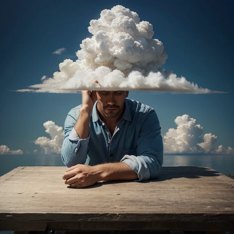A man sitting on a table thinking a cloud on his head with what if ? written on it