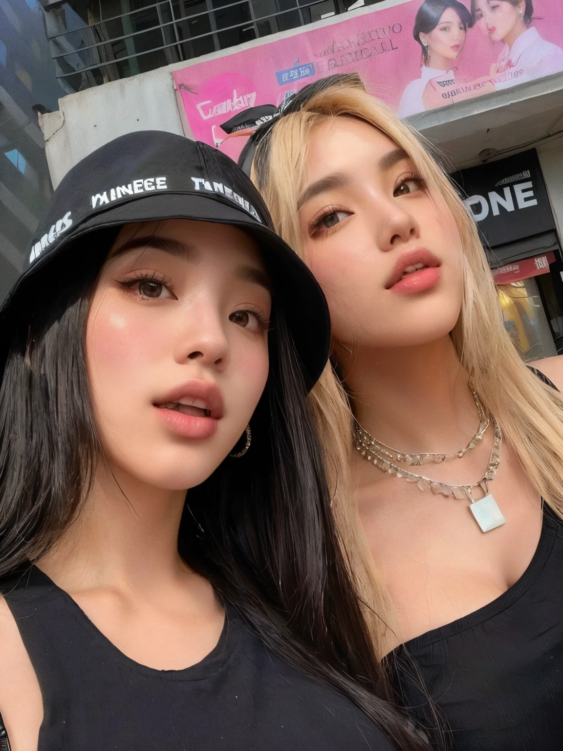 Dos mujeres con camisas y sombreros negros posando para una foto., ava max, foto de perfil, kda y sam que, nixeu y sakimichan, inspirado en Wang Duo, sakimichan y frank franzzeta, usando una gargantilla y un lindo sombrero, frank franzzeta y sakimichan, parque roseanne de blackpink, two girls