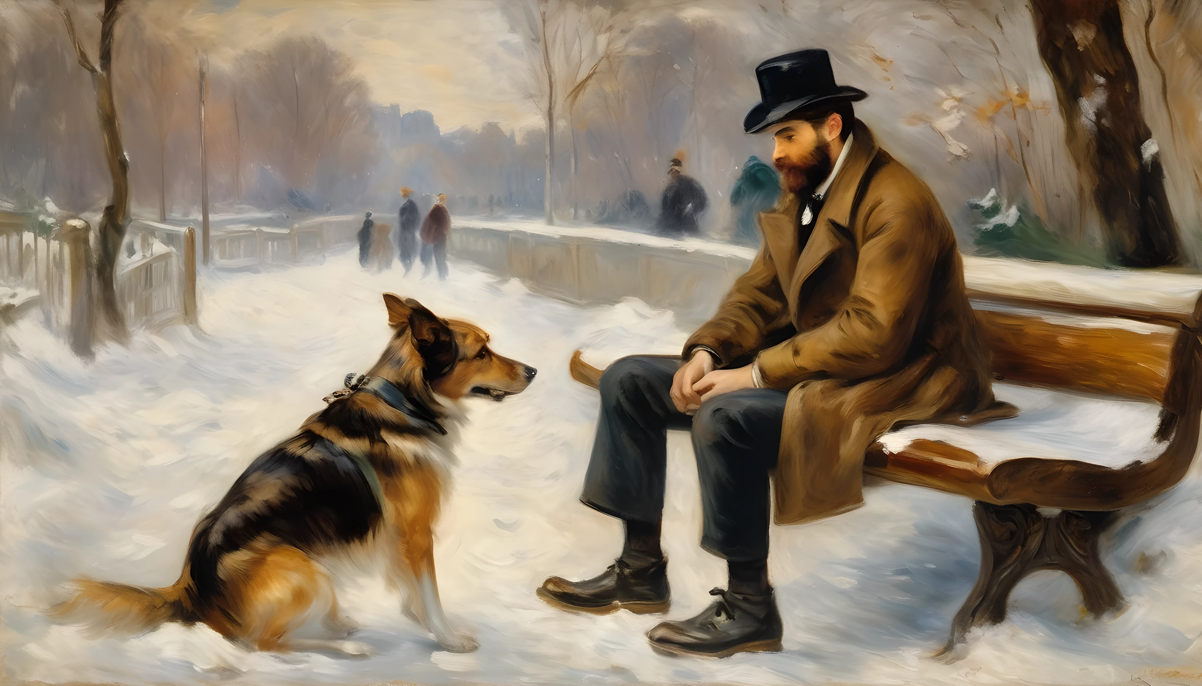 Impressionism, style by Pierre-Auguste Renoir, A bench in a winter park near the gatehouse, a man with a short brown beard, in a brown jacket, sits on it and feeds a mongrel dog, book, backpack
snow, clearings, thaw, cloudy, passers-by, oil on the canvas,Thick brushstrokes,insanely details,8K UHD