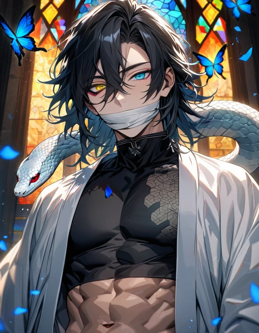 absurdres, highres, ultra detailed, HDR, masterpiece, extremely detailed face and eyes, Iguro Obanai, straight-edged black hair of varying lengths, hair between the eyes, heterochromia, right eye turquoise, bandages over his mouth, left eye yellow, Kimetsu No Yaiba, solo, sexy man, handsome, white haori, black tight shirt, patterns, toned chest, white small snake on his shoulder, stained glass, blue forest, blue butterflies, blue flowers, blue petals, shining lights