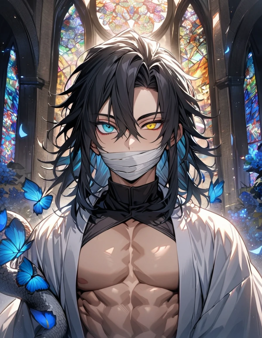 absurdres, highres, ultra detailed, HDR, masterpiece, extremely detailed face and eyes, Iguro Obanai, straight-edged black hair of varying lengths, hair between the eyes, heterochromia, right eye turquoise, bandages over his mouth, left eye yellow, Kimetsu No Yaiba, solo, sexy man, handsome, white haori, black tight shirt, patterns, toned chest, white small snake on his shoulder, stained glass, blue forest, blue butterflies, blue flowers, blue petals, shining lights