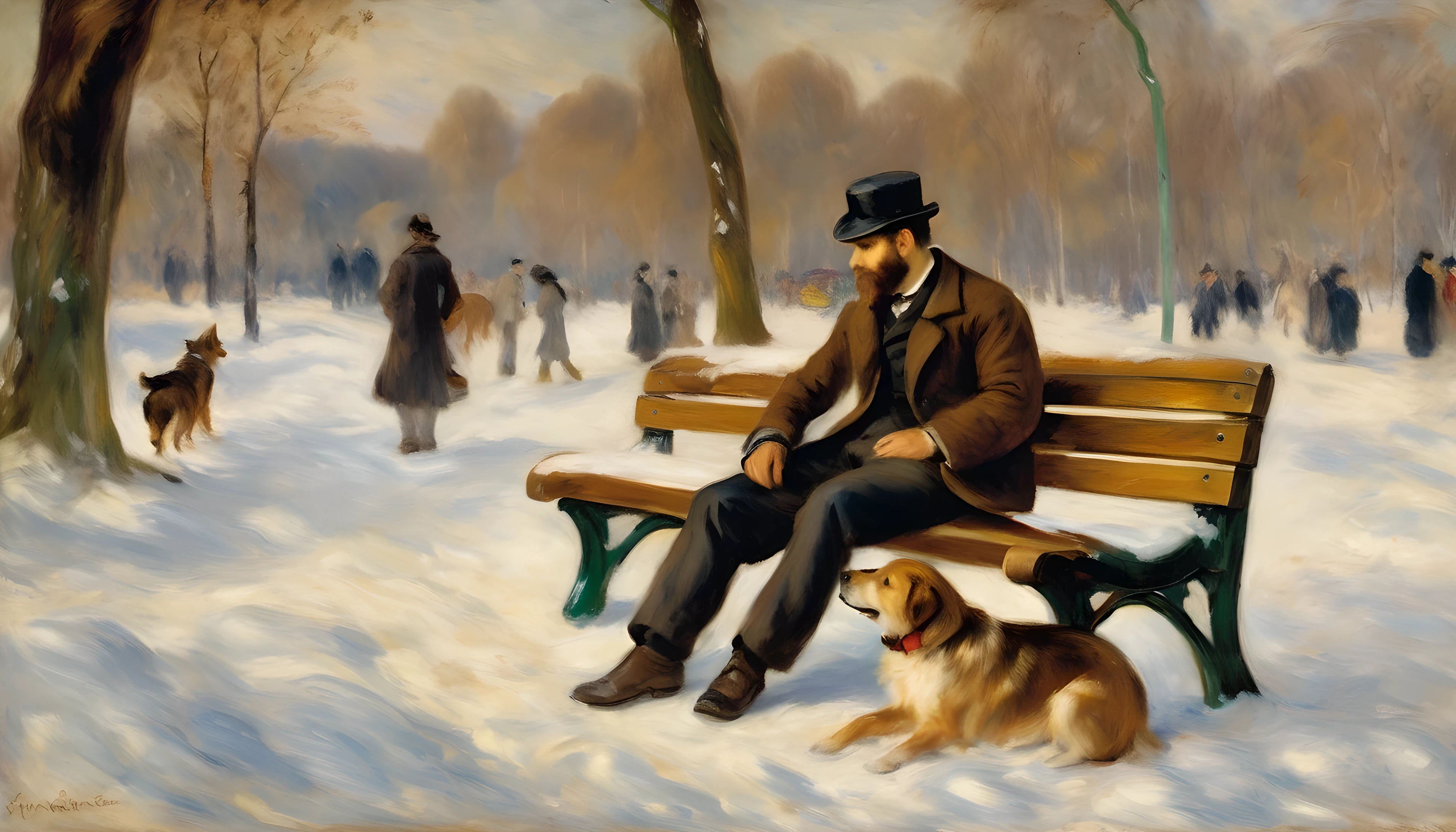 Impressionism, style by Pierre-Auguste Renoir, A bench in a winter park near the gatehouse, a man with a short brown beard, in a brown jacket, sits on it and feeds a mongrel dog, book, backpack
snow, clearings, thaw, cloudy, passers-by, oil on the canvas,Thick brushstrokes,insanely details,8K UHD