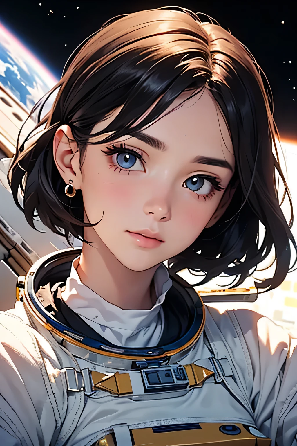 highest quality、High resolution、Detailed Background、(Beautiful face in every detail:1.4)、Anatomically correct、(Draw the usual number of fingers:1.2)、(Detailed facial expressions)、(Detailed eyes:1.2)、(Detailed eyes:1.2)、Beautiful, smooth skin、Beautiful women in their 20s、(Highly detailed face:1.4)、cute hair color、Wavy Hairstyle、well-groomed eyebrows、cute eye makeup、Cute Lip Makeup、Perfect body line、Space Travel Experience、Mysterious view of space、I'm extremely excited、Ultra high tension、Smiling、
(A beautiful woman enjoying a spacewalk with the Earth in the background:1.5)、
You can hold hands and hug each other、Enjoy a romantic dinner party at a dining event、
Float together in zero gravity and enjoy fun games and conversations on board the spaceship.、cute
