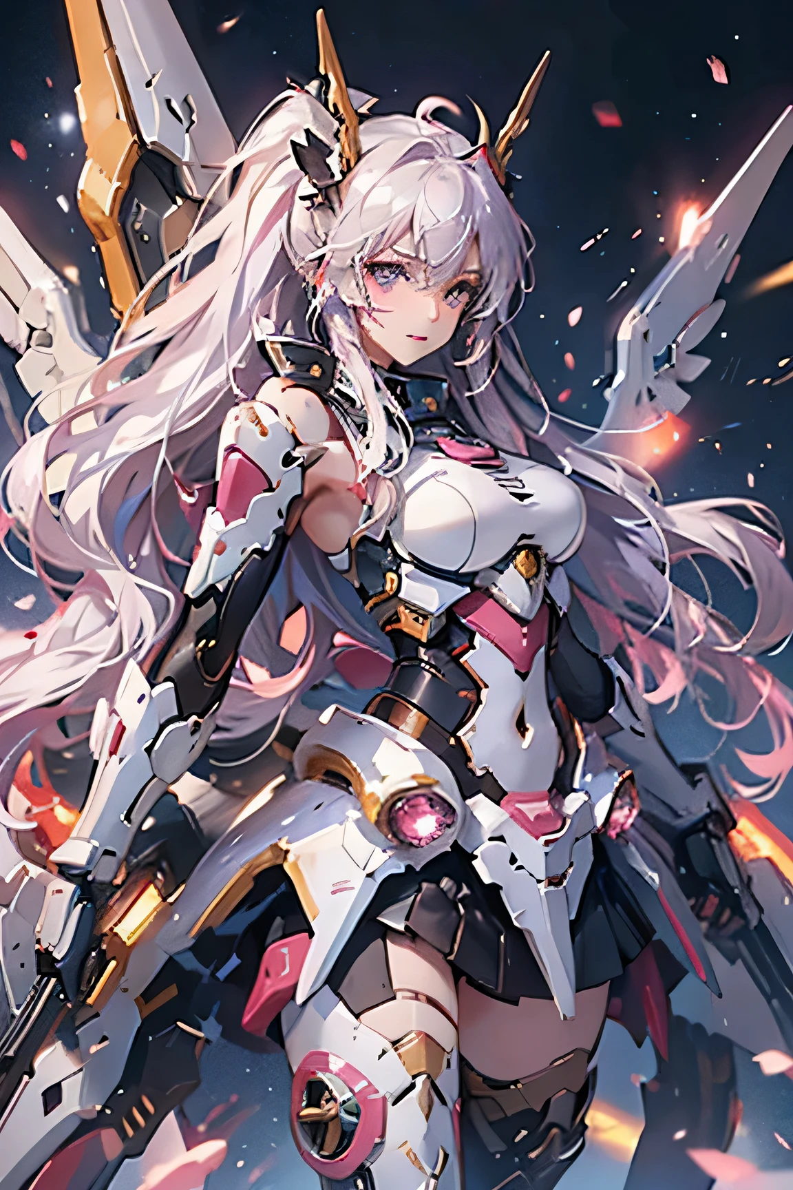 (masterpiece), best quality, expressive eyes, Perfect face, 1 Girl, Solitary, Ishtar, Ishtar fate, Purple Eyes, White hair, gold hair ribbon, Long hair, Double ponytail hair, ribbon, Side lock, Both sides up, Black skirt, black High Leg Raise, Mecha cloak, Red and white mechanical armor suit, Valkyrie, Chest plating, High Leg Raise, Bright sky background, Standing, Standinging, Role List, Upper Body, portrait, Looking at the audience, Gundam Wings, Mid-chest, Two-handed swords, Symmetrical thrusters at the back